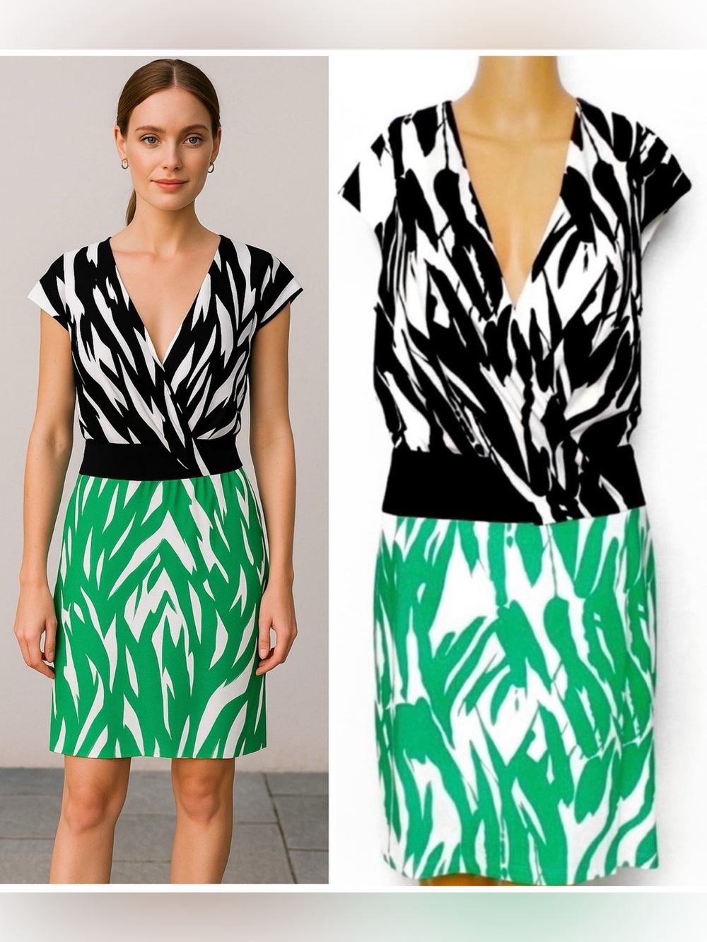 MAGGY LONDON |  Black Green Mixed Palm Tropical Patterned Dress